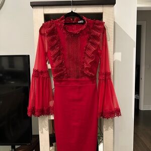 Chic Long Sleeve Red Lace Dress